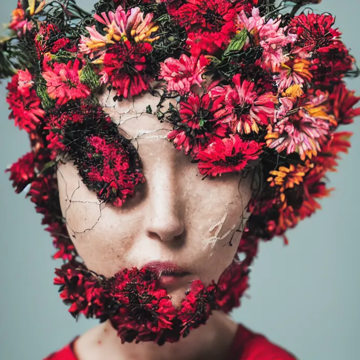 Prompt: a closeup of a woman wearing a hood made of wire and zinnias, in an abandoned office building, canon eos c 3 0 0, ƒ 1. 8, 3 5 mm, 8 k, medium - format print
