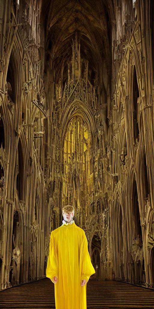 Image similar to a tall pale humanoid wearing a yellow garment sitting upon an ornate stone throne, 4K, digital art, horror, dramatic, wearing a long yellow rotting garment, dark, hyperrealistic, perspective, complex (((dark))) cathedral background with volumetric lights coming in through cathedral windows, dark background, highlights,