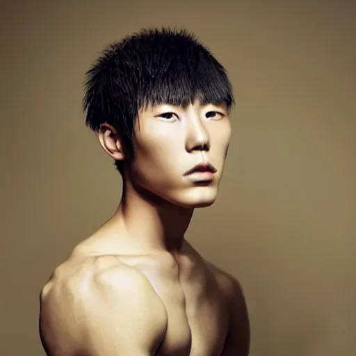 Image similar to a beautiful young male korean model wearing a hairsculpture made of hair and gold string, photoshot by erwin olaf