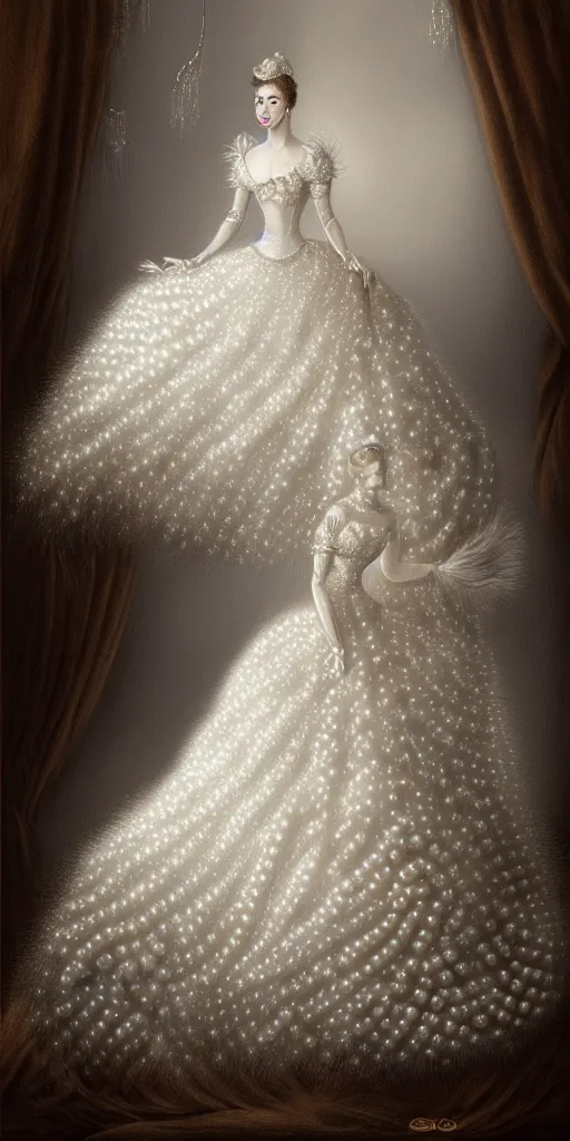 Image similar to a lady with a decorated dress made of white pearls and white plumes of swan highly detailed digital _ painting, cinematic, dramatic lighting