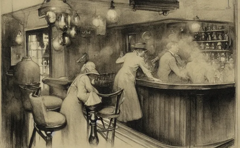 Prompt: masterful etching by anders zorn seedy bar filled with smoke