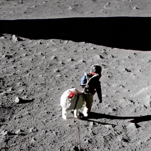 Prompt: a child taking his dog for a walk on the moon near the human settlement