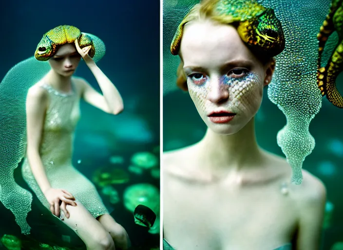 Image similar to kodak portra 4 0 0 photo portrait of a beautiful sirens floating in a crystal tank in style of tim walker, amphibian skin dress intricate detailed scales, 5 0 mm lens, f 2. 4, elegant, highly detailed, sharp focus, ethereal, out worldly colours, emotionally evoking, head in focus, soft blur light dreamy underwater, volumetric lighting, epic fantasy