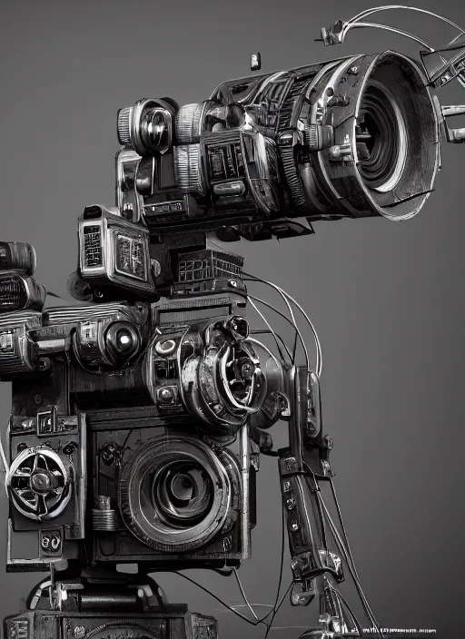 Prompt: automaton with an old - school camera for a head, sci - fi, dystopian, 4 k, realistic, render, detailed, gears, wires, cables, gadgets