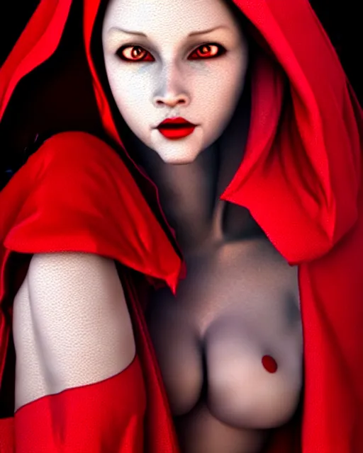 Image similar to hyperrealistic mixed media painting of beautiful little Red Riding Hood, pale smooth skin, full body, crimson red hooded robes, shadowy wolf in background, stunning 3d render inspired art by P. Craig Russell and Barry Windsor-Smith + perfect facial symmetry + dim volumetric lighting, 8k octane beautifully detailed render, post-processing, extremely hyperdetailed, intricate, epic composition, grim yet sparkling atmosphere, cinematic lighting + masterpiece, trending on artstation, very very detailed, masterpiece, stunning