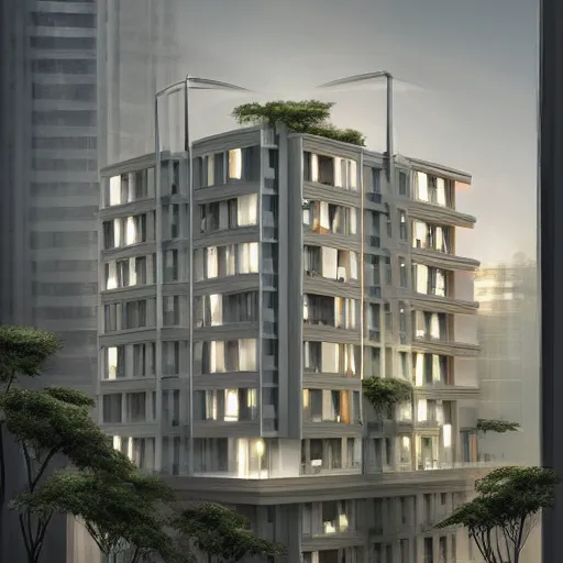 Image similar to architectural residential multi storey building, complex, elegant, cinematic lighting, concept art, digital painting, thin white structural elements, very realistic, very detailed