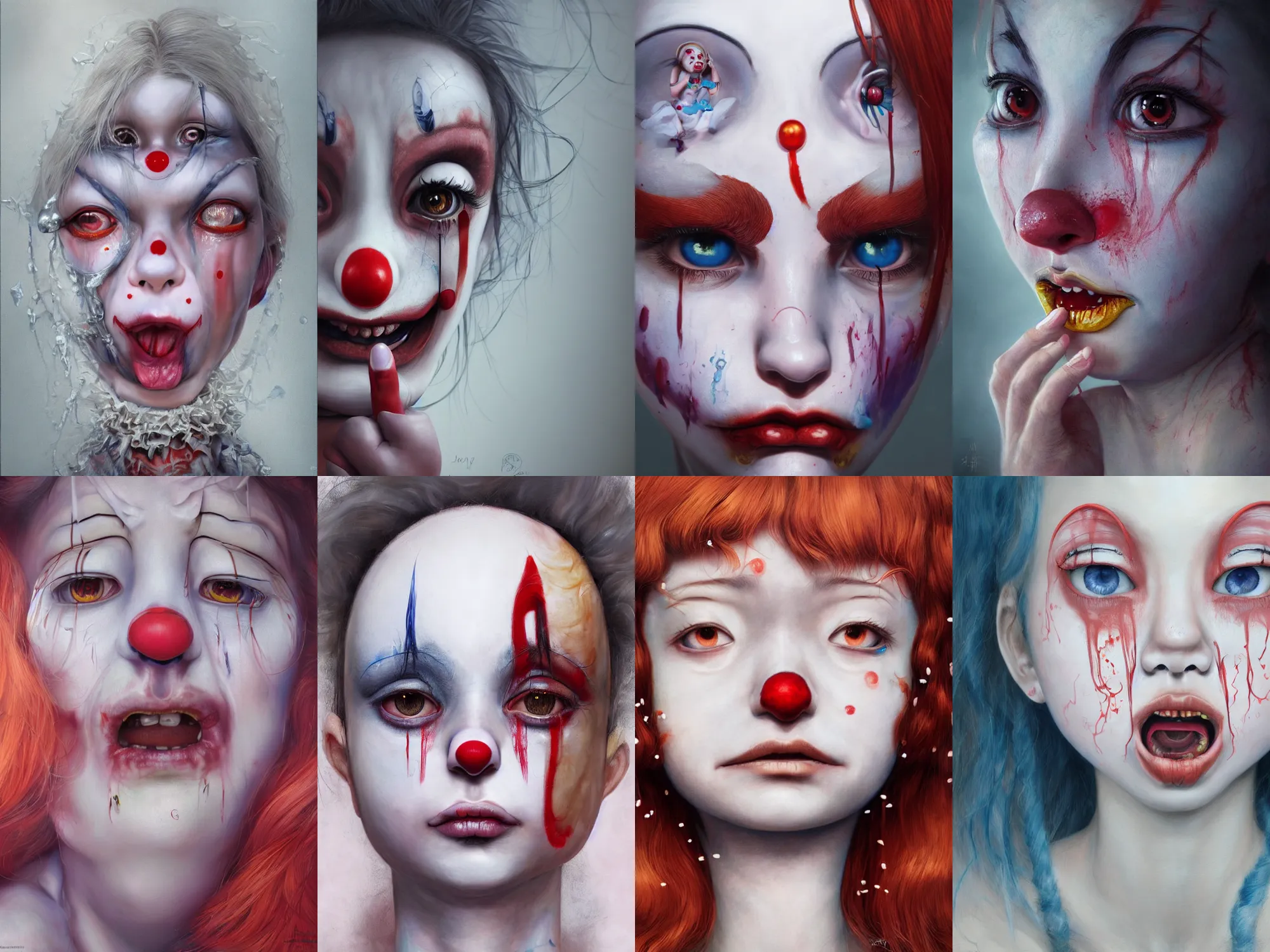 Image similar to detailed painting of clown girl crying, piercing eyes, james jean, miho hirano, hyperrealistic, octane render, ambient light, dynamic lighting