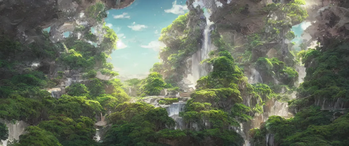 Image similar to a small crumbling island with waterfalls flowing off the island, floating in space, studio ghibli, digital art, detailed, depth of field