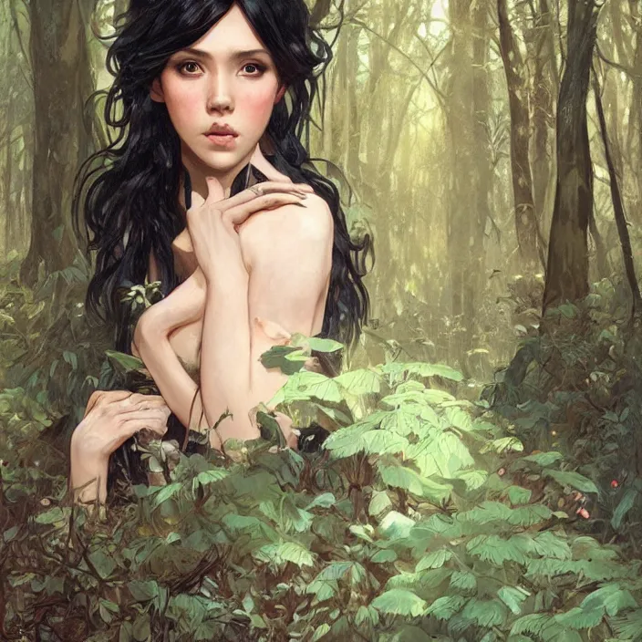 Image similar to portrait of short black hair woman in forest glade by artgerm, greg rutkowski, alphonse mucha, 8 k