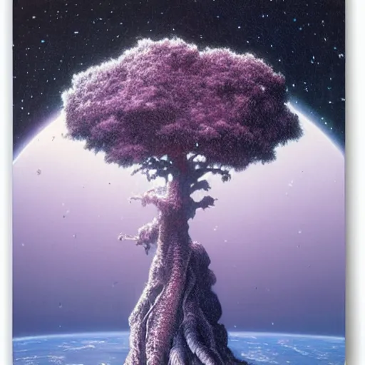 Image similar to a large tree growing from a large floating crystal in space, by moebius