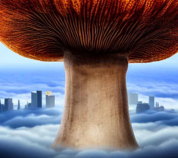 Image similar to a giant mushroom that has a city built on it and stretches above the clouds. highly detailed 8 k. intricate. lifelike. soft light. nikon d 8 5 0. cinematic post - processing