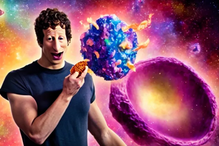 Image similar to a cinematic still of ((andy samberg)) ferociously eating a galaxy, galactus!!!!, masterpiece, (monster), (empty black void)