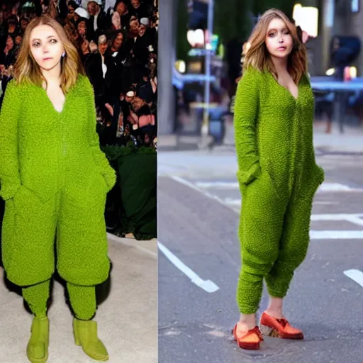 Prompt: elizabeth olsen has [ [ wearing a broccoli outfit ] ]!!, trending on cgsociety, 4 k quality, intricate