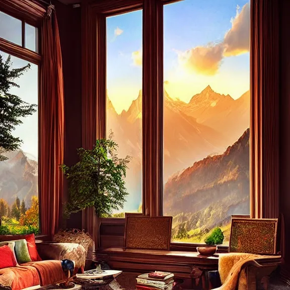 Image similar to fantastical living room with switzerland landscape in the window by marc adamus, beautiful dramatic lighting