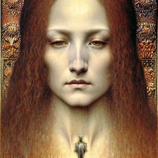 Image similar to detailed realistic beautiful young medieval queen face portrait by jean delville, gustave dore, zdzisław beksinski and marco mazzoni, art nouveau, symbolist, visionary, gothic, pre - raphaelite, memento mori, horizontal symmetry