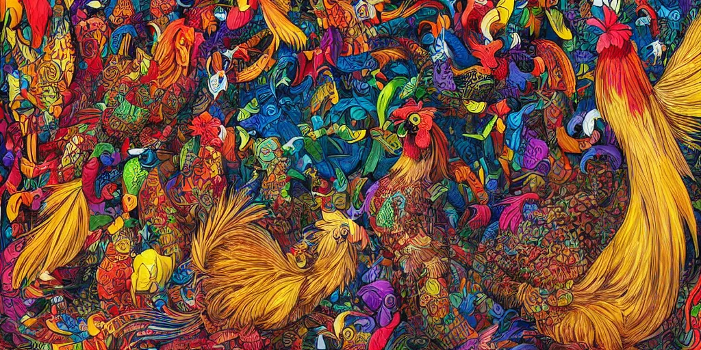 Prompt: colorful illustration of a million fighting roosters, mix of styles, collage of styles, abstract, surreal, intricate, highly detailed, dark color scheme, golden ratio