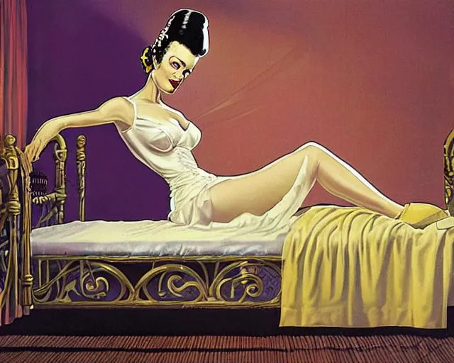 Image similar to phtorealistic modern pin up of the bride of frankenstein posing in a bed in the room of a sanatarium, full body, campy color scheme, realistic, center, smooth, golden ratio, detailed, gil elvgren, earl moran, joyce ballantyne