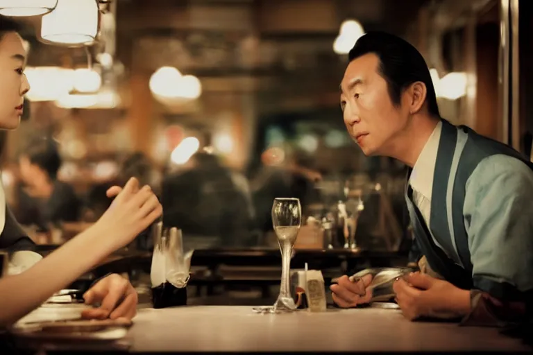 Image similar to movie interior closeup beautiful Japanese couple closeup sitting and talking at 50s diner, night in the city, beautiful skin, by Emmanuel Lubezki