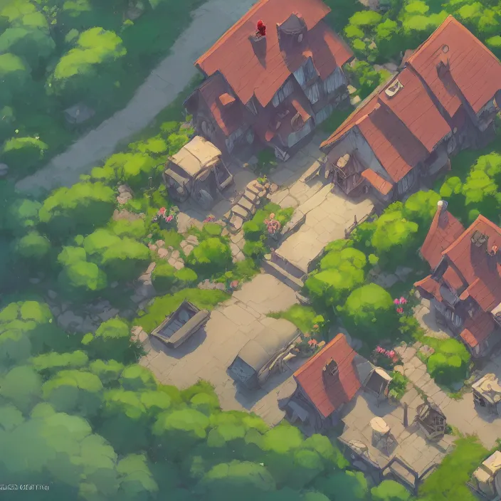 Prompt: rpg top down view of a lovely cottage, cory loftis, james gilleard, atey ghailan, makoto shinkai, goro fujita, studio ghibli, rim light, exquisite lighting, clear focus, very coherent, plain background, soft painting