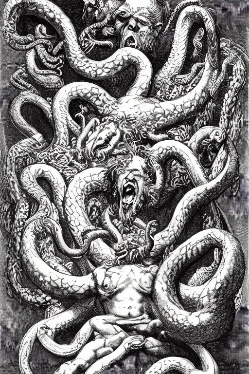 Prompt: very detailed ink drawing of a screaming head of Hercules with snakes coming out from the eyes, surrounded by serpents and falling feathers by gustave dore, poster, fine art, etching, biblical