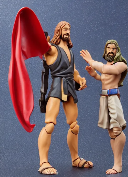 Image similar to Jesus vs the Devil in the flying sandals of salvation action figures toy pack