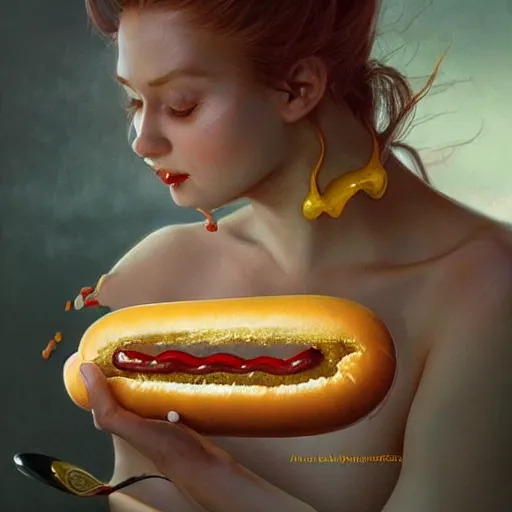 Prompt: hot dog with teeth sprouting out of bun, mustard dripping from teeth, side of ketchup, fantasy, intricate, elegant, highly detailed, digital painting, artstation, concept art, matte, sharp focus, illustration, art by artgerm and greg rutkowski and alphonse mucha
