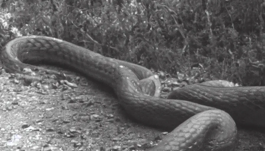 Prompt: a gigantic snake eating an old skinny man in a heavy burning kitchen, mini dv camera found footage, very very low quality picture, heavy grain, caught on security camera, heavy jpeg artifact, night vision very blurry, caught on trail cam, 1 4 4 p, ultra wide lens