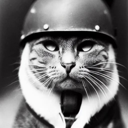 Image similar to “ close up of a cat wearing soldier helmet in the battle, ww 2 historical photography, black & white ”