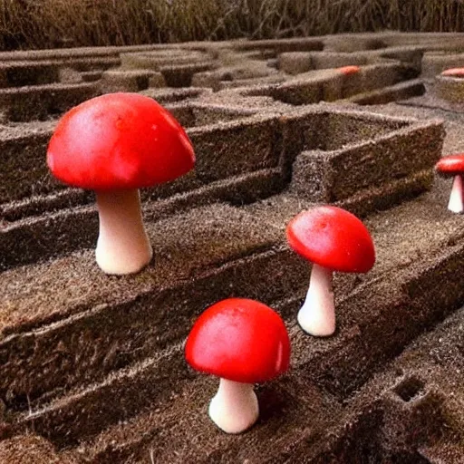 Prompt: beautiful dystopian deserted overgrown city anthropomorphic red mushroom tiny village