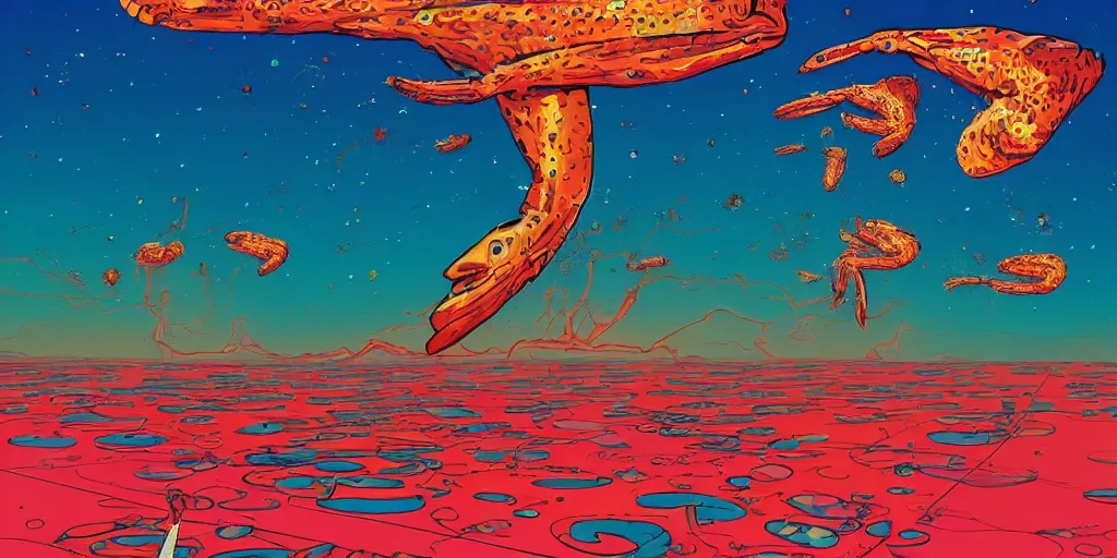 Prompt: electric cats that fly over ice, a lot of tv screens around, shrimps are all over the ground, acid and dreaming psychedelic hallucinations, by moebius, colorful flat surreal design, hd, 8 k, artstation