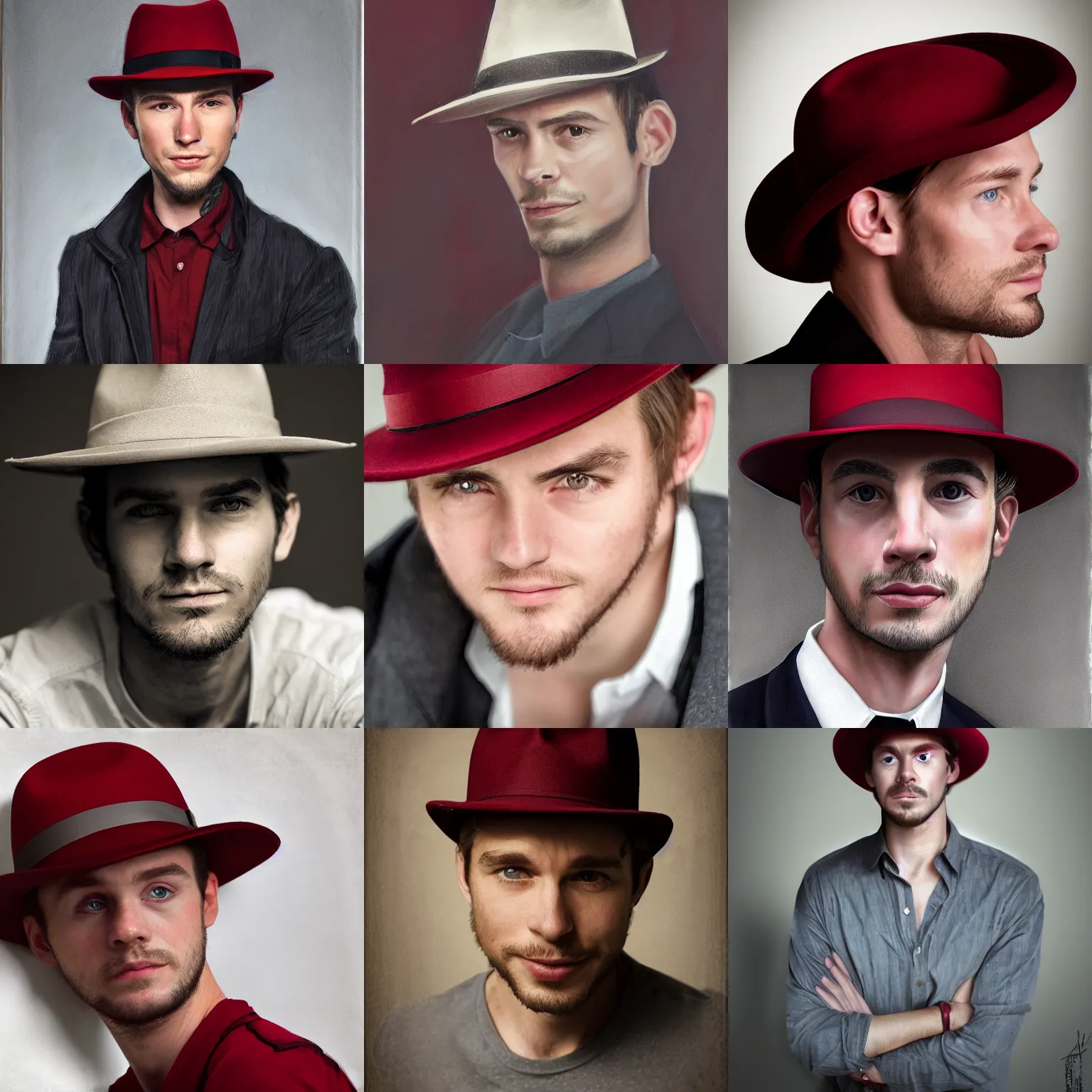 Prompt: hyperrealistic portrait, young man, ethan hawk, dark red fedora hat, actor ethan hawk, smirk