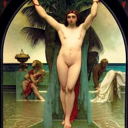 Image similar to Justice with a blood dripping chalice at the palace, thunderstorm, pool, beach and palm trees on the background major arcana sky, by paul delaroche, alphonse mucha and arnold böcklin arnold böcklin hyperrealistic 8k, very detailed