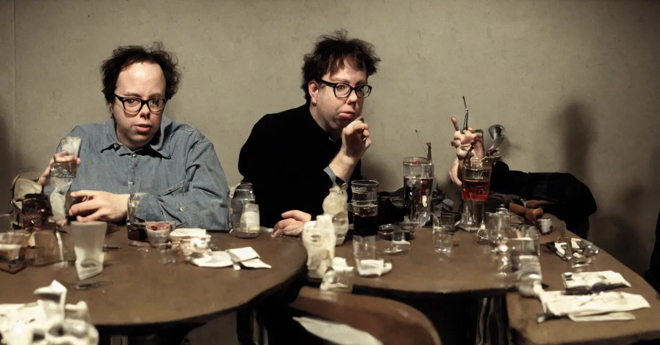 Image similar to todd solondz and bill hics, high quality high detail image of todd solondz sitting with bill hicks in an empty caffe bar in tel aviv, clear sharp face of todd solondz, clear sharp face of bill hicks, drinking and smoking, night, by lucian freud and gregory crewdson and francis bacon, hd, photorealistic lighting
