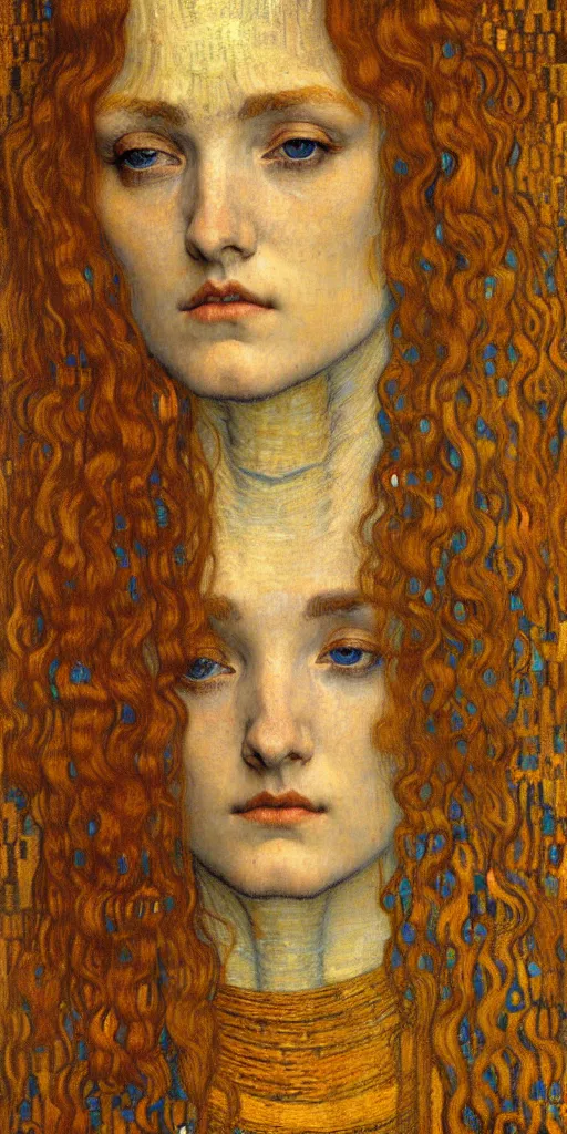 Image similar to detailed realistic beautiful young medieval queen face portrait by jean delville, gustav klimt and vincent van gogh, art nouveau, symbolist, visionary, gothic, pre - raphaelite, muted earthy colors, desaturated