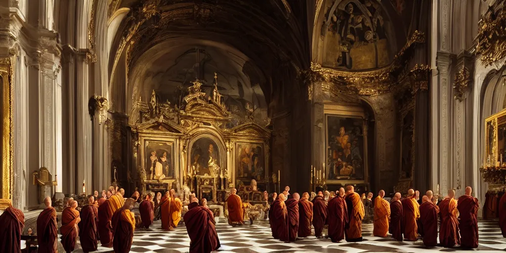 Image similar to beautiful oil matte portrait painting, monks holding a church ceremony inside a baroque cathedral, wonderful masterpiece highly detailed, beautiful cinematic light deep focus, elegant, digital painting, smooth, sharp focus, golden ratio, dramatic illumination, ultra realistic, 8 k, art by giovanni bellini and caravaggio