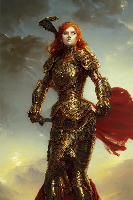 Prompt: beautiful female warrior, half body portrait, ginger hair, ornate armour, in a dynamic pose, realistic oil painting by Thomas Cole and Wayne Barlowe