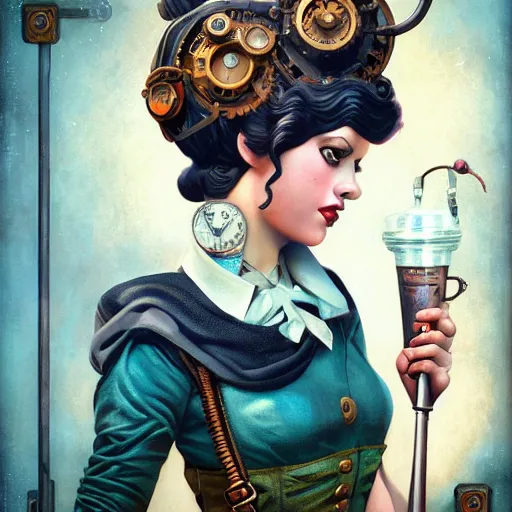 Prompt: Lofi Steampunk BioShock portrait, Pixar style, by Tristan Eaton Stanley Artgerm and Tom Bagshaw.