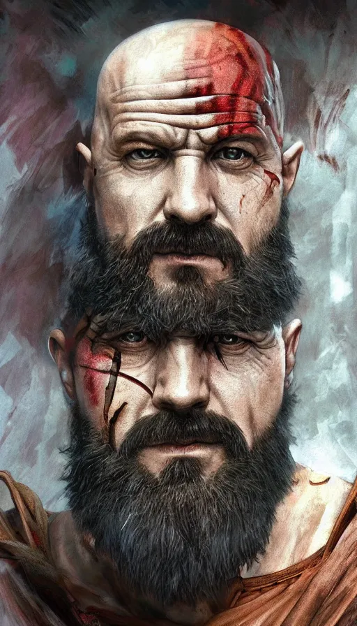 Image similar to Heisenberg as Kratos, highly detailed, digital painting, artstation, concept art, smooth, sharp focus, illustration, ArtStation, art by artgerm and greg rutkowski and alphonse mucha and J. C. Leyendecker and Edmund Blair Leighton and Katsuhiro Otomo and Geof Darrow and Phil hale and Ashley wood and Ilya repin and Charlie Bowater