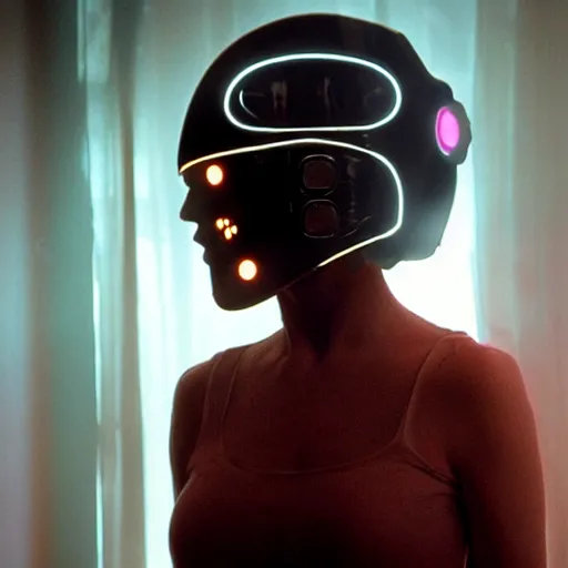 Prompt: movie still of a girl with a cyborg plants helmet, cinematic composition, cinematic light, by edgar wright and david lynch
