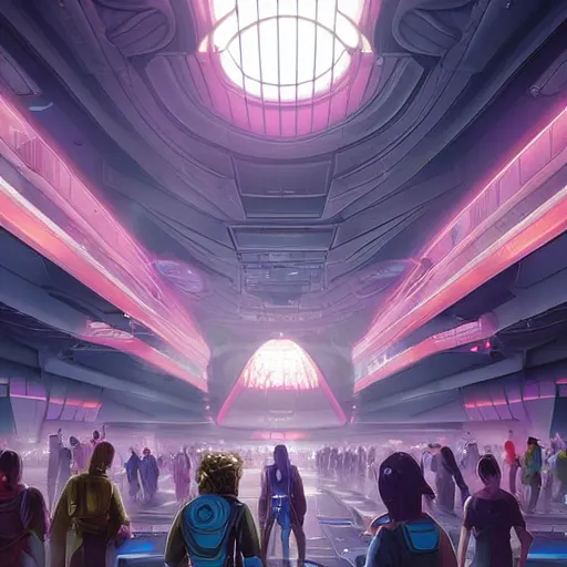 Prompt: hyperrealistic futuristic convention hall with various alien species, very detailed, technology, cyberpunk, dark blue and pink volumetric light, cgsociety, in the style of artgerm and artstation