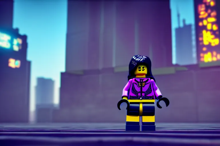 Image similar to a lego girl in a cyberpunk city. super realistic 8 k render of a elegant, cinematic composition