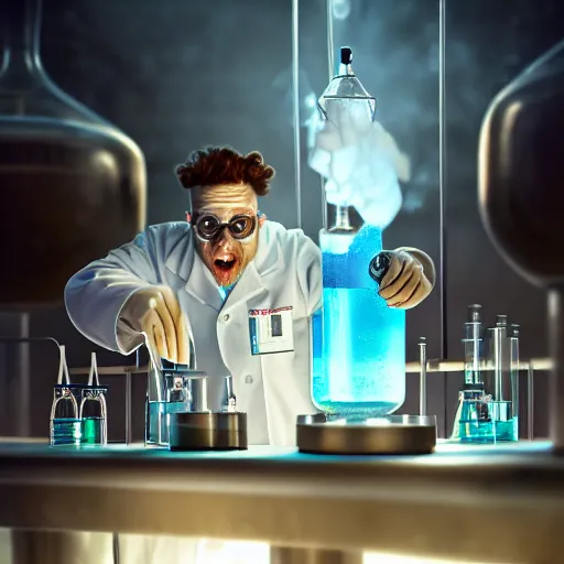 Image similar to a mad scientist goat in lab coats mixing acids in a lab, close - up shot, digital art, trending on artstation and unreal engine, deviantart, smooth, hyper detailed, matte painting, award - winning, hd, 4 k