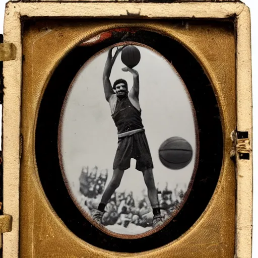 Image similar to Daguerreotype of a Byzantine warrior dunking a basketball into a hoop