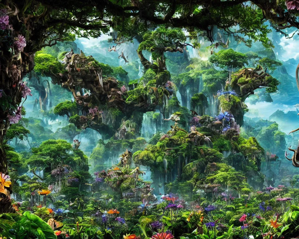 Prompt: the beastlands, avatar ( 2 0 0 9 ), lush landscape, jungle landscape, flowers