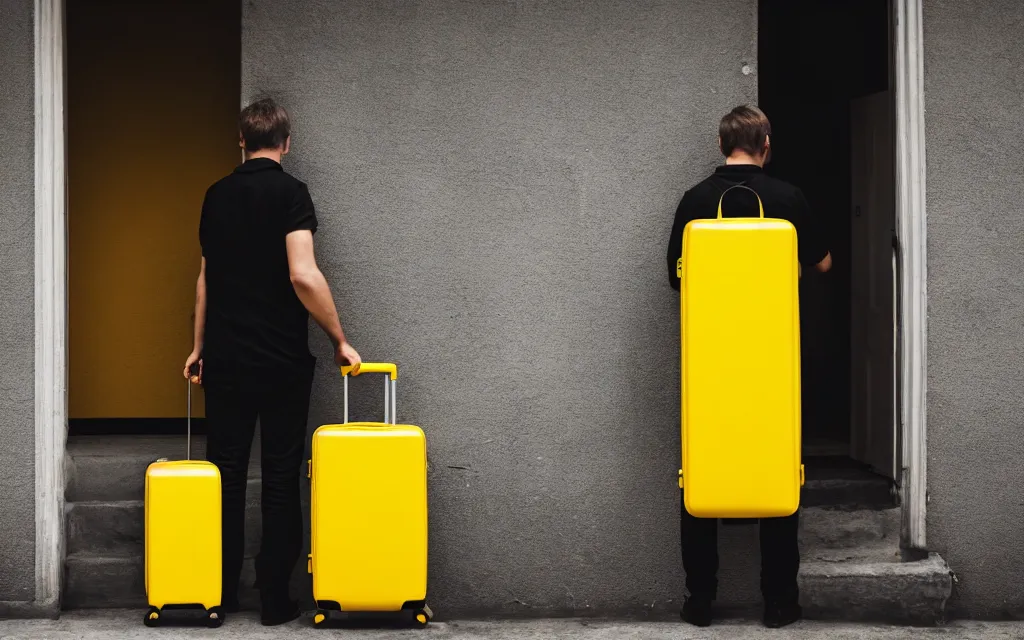 Image similar to a man standing in a doorway holding a yellow and black suitcase