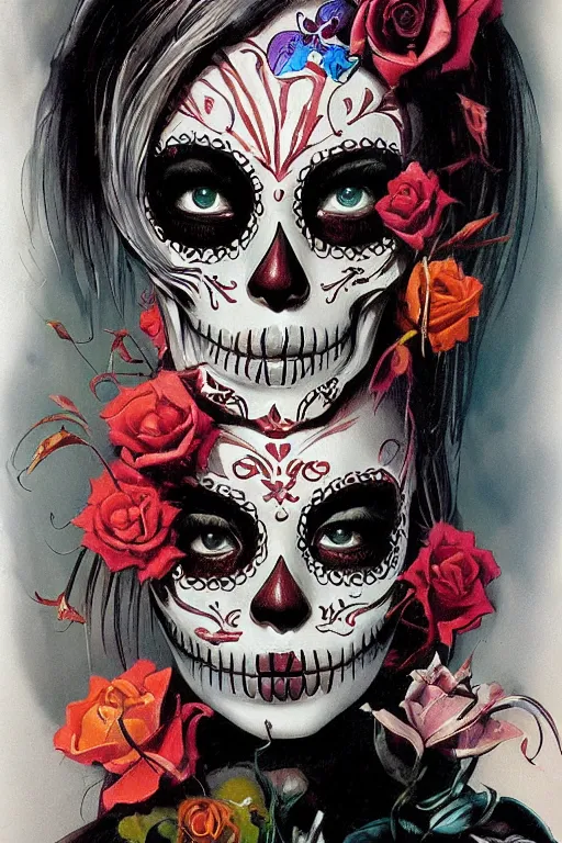 Image similar to Illustration of a sugar skull day of the dead girl, art by peter andrew jones