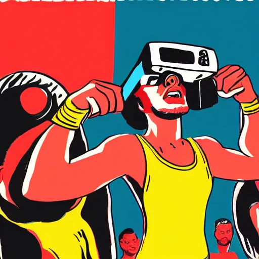 Image similar to a illustration of wrestlers wearing a vr headset, shrugging arms, movie premiere poster, close up, portrait, dramatic, 1 9 6 0 s, highly detailed