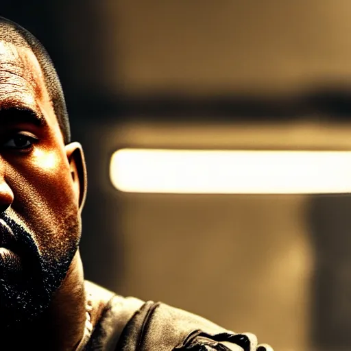 Image similar to Portrait of Kanye West as the Punisher, splash art, movie still, cinematic lighting, dramatic, octane render, long lens, shallow depth of field, bokeh, anamorphic lens flare, 8k, hyper detailed, 35mm film grain