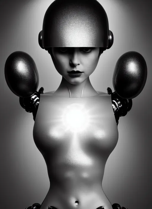 Image similar to surreal mythical dreamy dark artistic black and white fine art fashion portrait photo of a young beautiful delicate female metropolis robot loving the universe, spiritual, halo, glory, rim light, cinematic, studio dramatic light, poetic, masterpiece, octane render, 8 k, photo - realistic by william bouguereau man ray