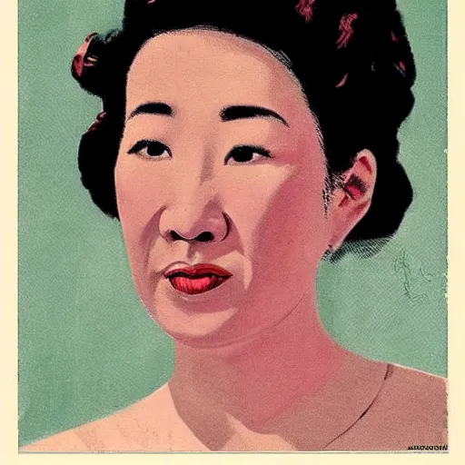 Prompt: “Sandra Oh portrait, color vintage magazine illustration 1950”